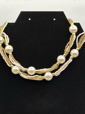 Gold Tone Faux Pearl Seed Bead Necklace  Multi Strand Elegant Approximately 19”